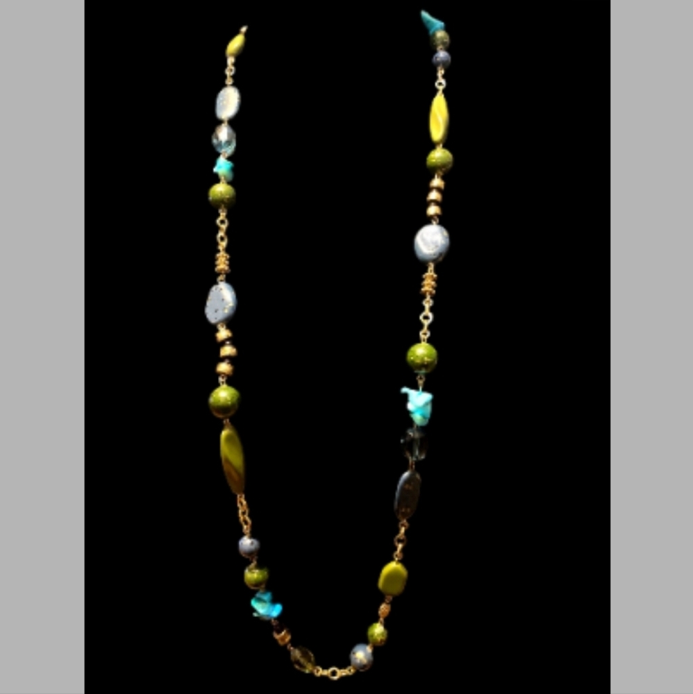 Premier Design Turquoise Blue & Green Beaded Necklace With Gold tone Accents 40”